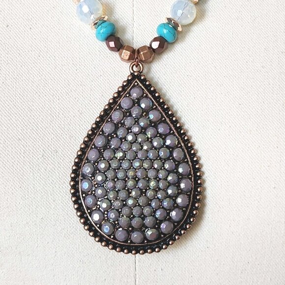 Southwest Beaded Necklace Earrings Set With Vtg Copper Pendant OOAK Handmade 23" - Picture 2 of 11